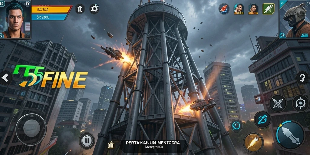 Tampilan gameplay menegangkan di 55FIVE dengan menara pertahanan yang strategis.