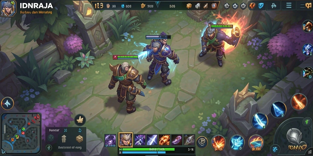 Screenshot utama IDNRAJA menampilkan pertarungan seru antar karakter MOBA.