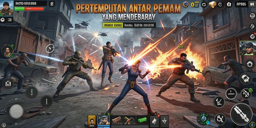 Tangkapan layar gameplay RP886 yang seru dalam pertempuran Battle Royale.
